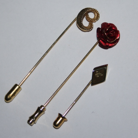 Vintage Jewelry - Lot of Three Stick Pins. Monogram C and Rose